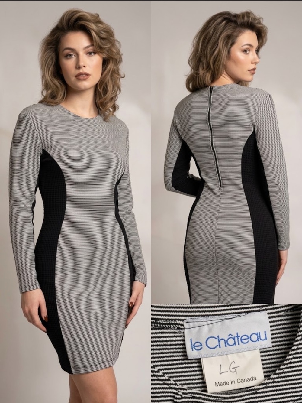 Vintage 80-90s Le Château Fine Stripe Bodycon Dress Optical Illusion Med